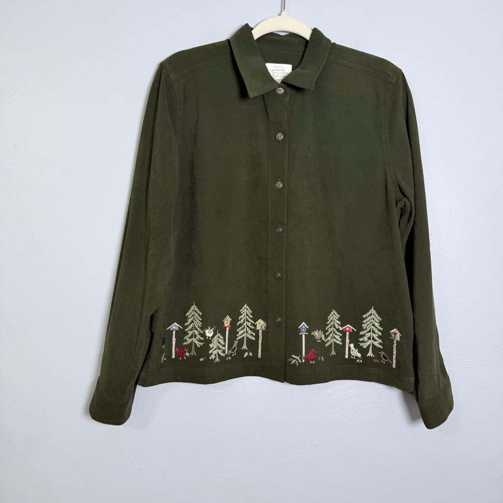 Christopher & Banks Shirt Size M Green Bird Tree Embroidery